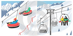 Snowboarder sitting in ski gondola and lift elevators winter sport resort snowboard people rest lifting jump vector