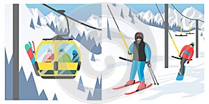 Snowboarder sitting in ski gondola and lift elevators winter sport resort snowboard people rest lifting jump vector