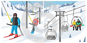 Snowboarder sitting in ski gondola and lift elevators winter sport resort snowboard people rest lifting jump vector