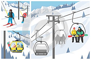 Snowboarder sitting in ski gondola and lift elevators winter sport resort snowboard people rest lifting jump vector