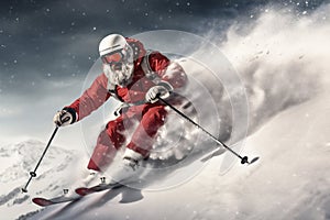 snowboarder skier holiday christmas santa ski snow winter sport mountain. Generative AI.