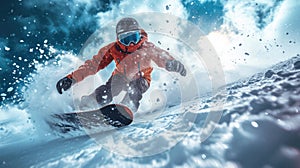 Snowboarder slides on ski slope spraying snow powder, man in red jacket rides snowboard in winter. Concept of sport, powder,