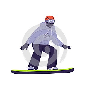 Snowboarder sliding. Active man riding snowboard. Person in helmet, glasses and winter outfit standing on snow board