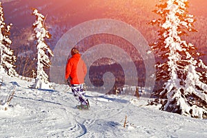 Snowboarder with snowboard rides through snow in forest tramplin.