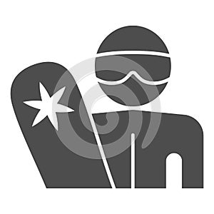 Snowboarder with snowboard solid icon, Winter sports concept, Man with snowboard sign on white background, silhouette of