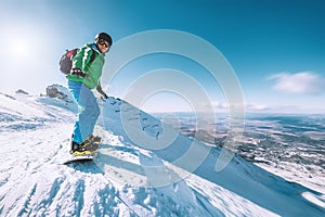 Snowboarder stay on the mountain top, Tatranska Lomnica, Slovakia