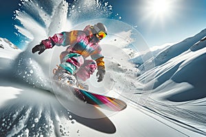 snowboarder turns sharply on a snowy slope, dynamic extreme sport