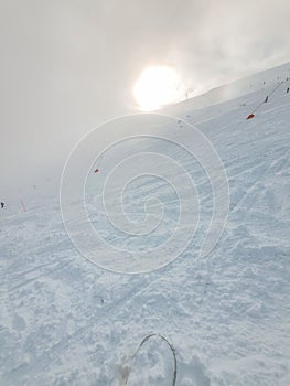 Snowboarder view at free ride slope