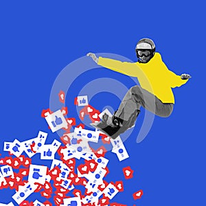 Snowboarder in yellow jacket surfing on wave of social media icons. Contemporary art collage. Internet popularity