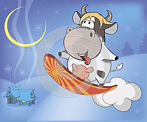 Snowboarding cow cartoon