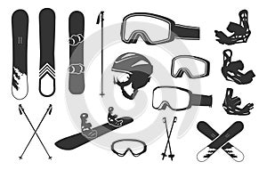 Snowboarding elements silhouette, Snowboarding elements, Snowboard silhouette, Snowboarding equipment vector set