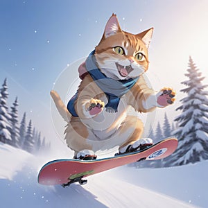 Snowboarding Excitement: Adventure Cat on the Slopes Generative AI