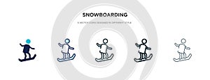 Snowboarding icon in different style vector illustration. two colored and black snowboarding vector icons designed in filled,