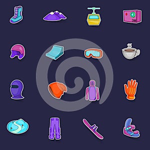 Snowboarding icons set vector sticker