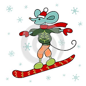 Snowboarding mouse in winter clothes. Handwork. Symbol of the new year 2020. Winter sport.
