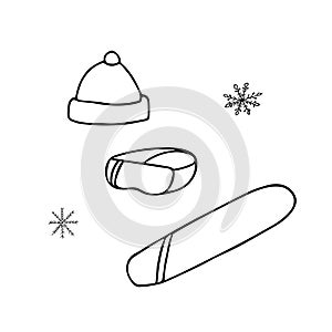 Snowboarding set hand drawn in scandinavian doodle style. Design elements