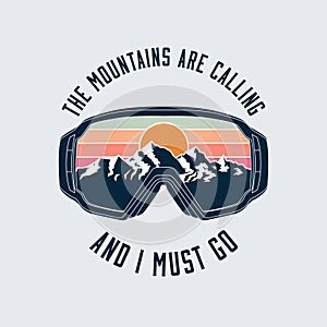 Snowboarding or ski goggles protective mask emblem with mountains landscape reflection. Vector illustration.