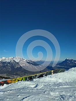 Snowboarding Ski Grind Rail in the Mountains