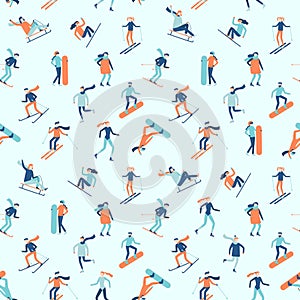 Snowboarding and skiing seamless pattern. Winter sport activities, young people on ski or snowboard vector background