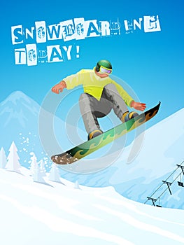 Snowboarding. Snowboarder in jump and flight.