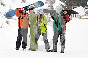 Snowboarding team, health lifestyle photo