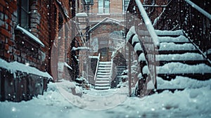 Snowbound Alleys, Close-Up of Fire Escape Stairs Laden with Snow, Old Brick Buildings in Soft Focus, Highlighting the