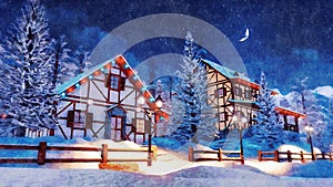 Snowbound alpine town at winter night watercolor