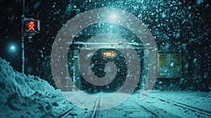 Snowbound Commute, Long Shot of a Snow-Covered Subway Entrance, Blowing Snowflakes Obscuring the City Lights, Evoking