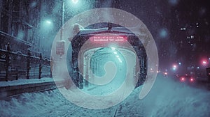 Snowbound Commute, Long Shot of a Snow-Covered Subway Entrance, Blowing Snowflakes Obscuring the City Lights, Evoking