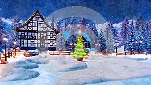 Snowbound town at Christmas night in watercolor