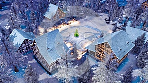 Snowbound town at Christmas winter night top view