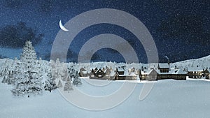Snowbound township and fir trees at snowfall night