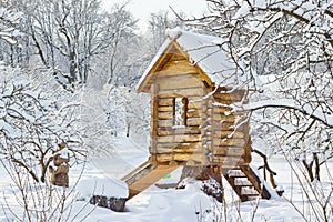 Snowbound wooden lodge photo