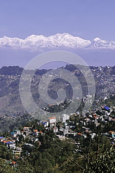 Snowcapped himalaya kangchenjunga or sleeping buddha range, scenic birds eye view of darjeeling