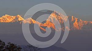 snowcapped himalaya mountains, mount kangchenjunga, the world 3rd highest peak\'s beautiful view during sunrise