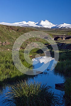 Snowcapped mount of Aragats with green hills in front