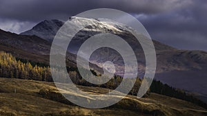 Snowcapped mountain peak in autumn