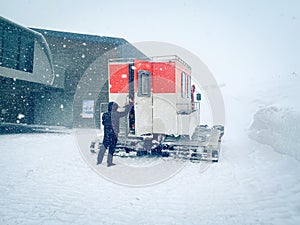 Snowcat with cabin to take skiers snowboarders freeride downhill in remote caucasus mountains. Ratrak in Goderdzi experience