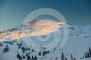 Snowcat tracks on a ridge covered with fir trees in Sheregesh in winter