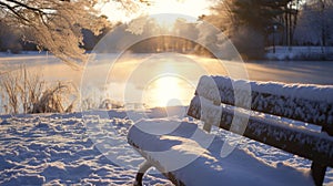 A snowcovered bench overlooks a serene winter lake the low sun making the water look like a sheet of gl photo
