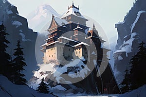 Snowcovered Castle On The Mountain. Generative AI