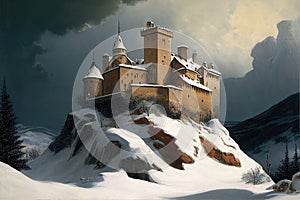 Snowcovered Castle On The Mountain. Generative AI