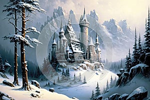 Snowcovered Castle On The Mountain. Generative AI