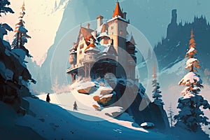 Snowcovered Castle On The Mountain. Generative AI