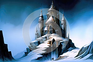 Snowcovered Castle On The Mountain. Generative AI