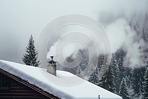 snowcovered chalet with smoke rising from chimney, pine trees backdrop