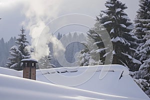 snowcovered chalet with smoke rising from chimney, pine trees backdrop