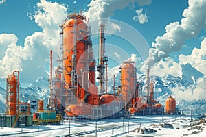 Snowcovered oil refinery emits smoke from chimneys under cloudy sky