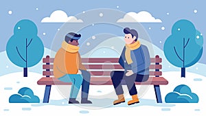 A snowcovered park bench becomes the setting for a heartfelt conversation between two best friends each baring their photo