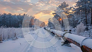 Snowcovered pipe cuts through frosty forest with snowy landscape